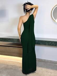 Vassilux 女款素色不對稱領口貼身優雅洋裝，女款婚禮賓客洋裝，女款優雅洋裝，女款優雅夏季洋裝 - 墨綠色 - 查看 2