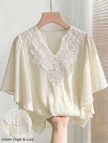 Camisa de verano suelta con estampado floral para mujer de talla, blusa de manga 3/4 con textura transparente, nueva cubierta de verano elegante y casual, cómoda para el ocio y las va - Champán - Ver 7