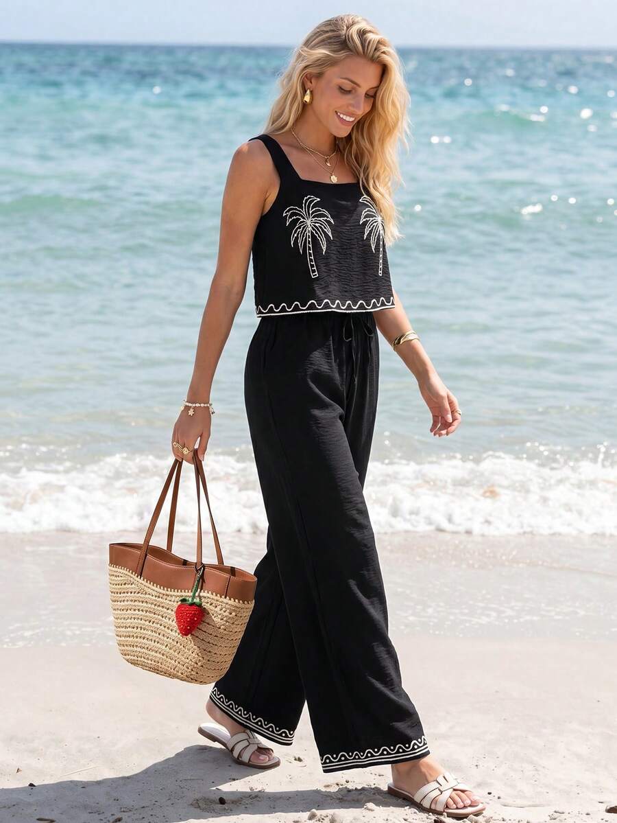 Sylviya Women's Casual Tropical Vacation Summer Floral Print Tank Top And Pants 2 Pieces Set Outfits Beach Black - Black - View 1