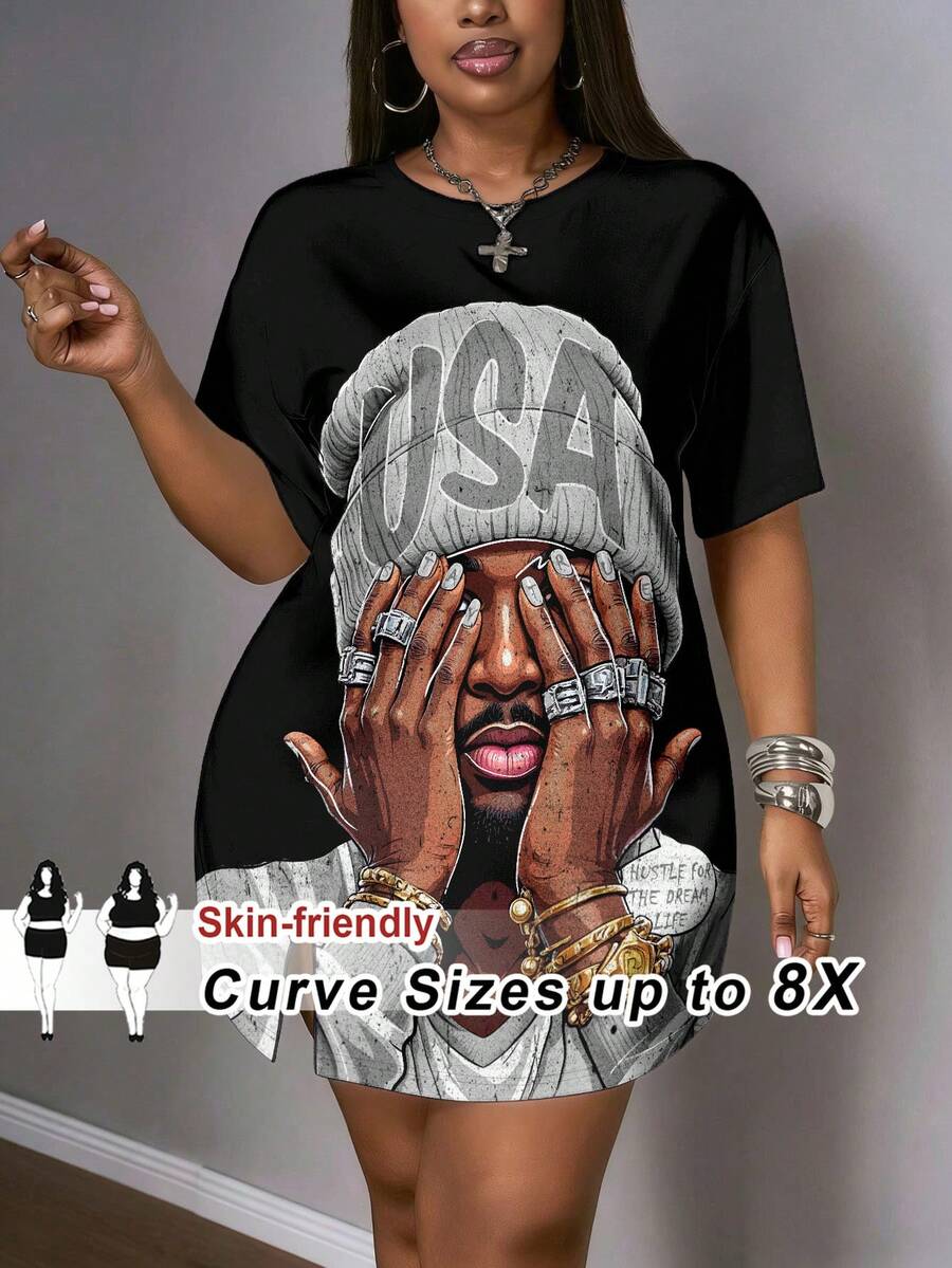 SHEIN CURVE+ 加大码女式黑色印花T恤，春夏新款，适合音乐节、Y2K街头风、甜美网红风、日常约会必备，性感休闲无袖宽松圆领灰色人像图案，黑色加大码Y2K加大码连衣裙