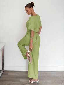 Siren Gaze 2pcs Women Solid Color Pleated Shirt And Pants Casual Suit - Green - View 2