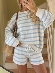 CovetEZ Women's Casual Daily Striped Crew Neck Drop Shoulder Sweater And Drawstring Waist Shorts 2-Piece Set - Blue - View 9