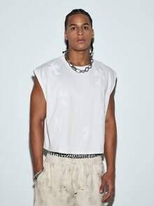 Modcrash DIYIE Men's Loose Fit Short Sleeve Embroidered Casual Tank Top, Street Style Oversized Short Tank Top - White - View 4