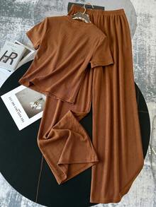 SHEIN 2件套少女针织纯色圆领修身休闲T恤和打底裤套装 - 咖啡棕 - 查看 2