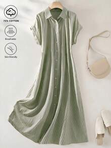 SHEIN Franclia 女款輕量條紋短袖洋裝，復古風格 - 軍綠色 - 查看 1