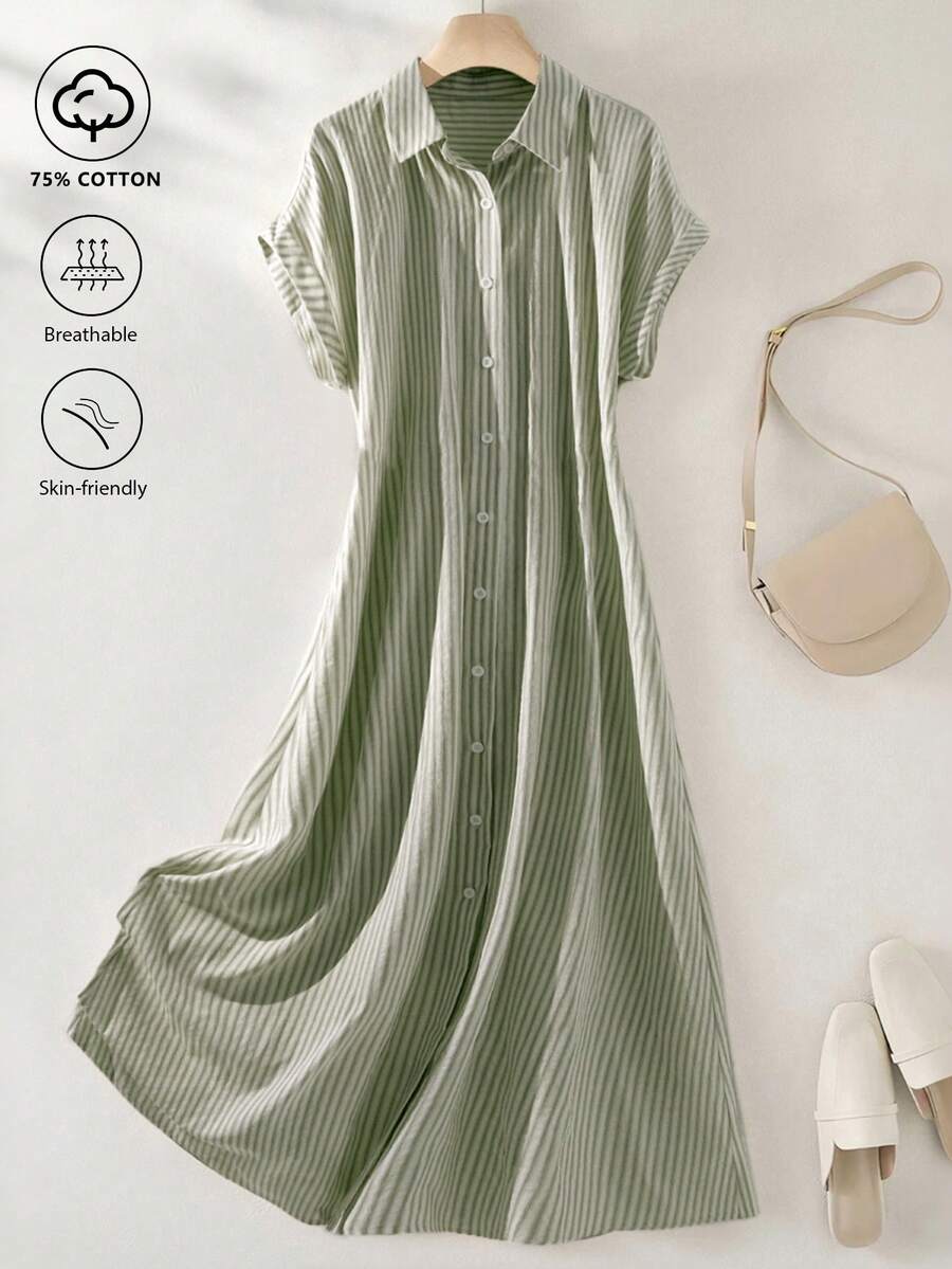 SHEIN Franclia 女款輕量條紋短袖洋裝,復古風格 - 軍綠色 - 查看 1