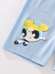 THE POWERPUFF GIRLS X SHEIN Maija Kids 少女夏季休閒日常通勤趣味可愛卡通字母印花細肩帶上衣與彈性腰帶織帶短褲套裝 - 藍色 - 查看 8