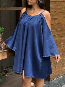 Breezaya Gaun Denim Kasual Tanpa Bahu Ukuran Plus - Biru - View 3