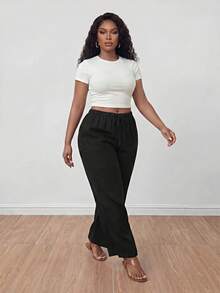 SHEIN PETITE CURVE CURVE 大尺碼女款小個子寬腿褲，黑色 Sommar 簡約休閒傳統日常高腰繫帶附口袋，適合秋季度假 - 黑色 - 查看 10