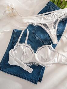 SHEIN Set de 2 piezas de sujetador con encaje y refuerzo cómodo para mujer - Blanco - Ver 5