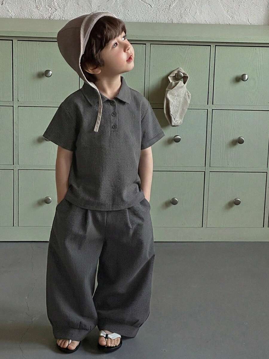 Dazy Kids 男童纯色半拉链落肩休闲背心套装,夏季 - 深灰色 - 查看 1
