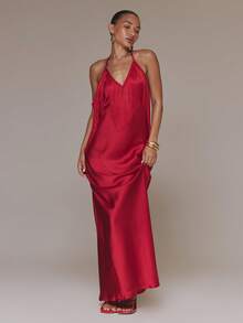 MUSERA Halterneck Red Fringe Maxi Dress Satin Backless Long Dress Spring Summer Intage Evening Party Vacation Date Night Holiday Ibiza - Red - View 3