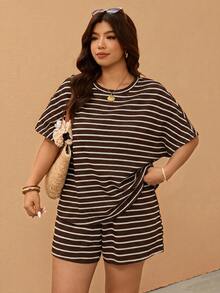 Elaquor Summer New Striped T-Shirt And Shorts Plus Size 2pcs Set - Coffee Brown - View 4
