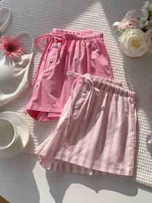 Comfortcana Women's Tie Waist Button Design Casual Cute Shorts Pink Stripe Summer Lounge - Pink - View 3