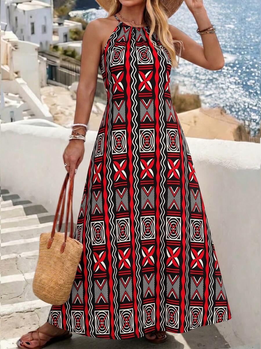 Breezaya Plus Size Women Geometric Print Casual Boho Halter Neck Dress Vacation Black And White Summer - Multicolor - View 1