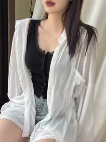 Dazy Star Lace Trim Button Front Tank Top Going Out Tops - Black - View 11