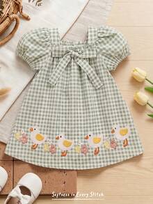 Cozy Pixies Baby Girl Plaid Cartoon Animal Bow Decor Short Puff Sleeve Dress - Mint Green - View 8