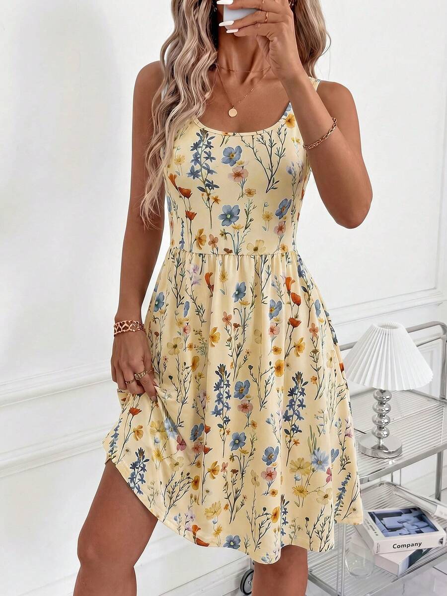 SHEIN Clasi Vestido de flores con cuello en U y cintura ceñida, elegante y nuevo, adecuado para uso diario y vacaciones - Amarillo - Ver 1