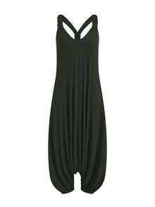 Franclia Plus Size Casual Loose Summer Solid Color Backless Loose Jumpsuit - Army Green - View 1