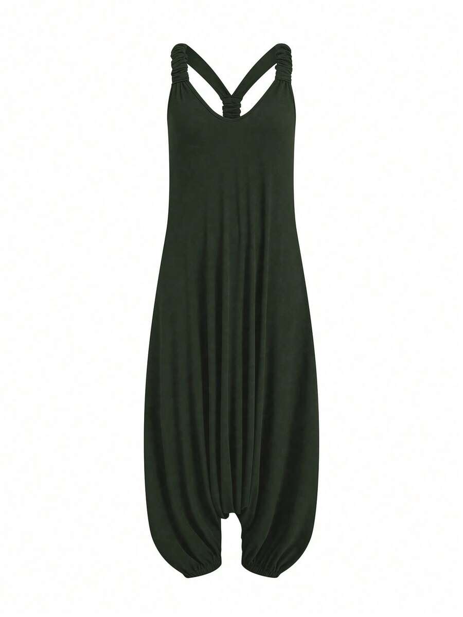 Franclia Plus Size Casual Loose Summer Solid Color Backless Loose Jumpsuit - Army Green - View 1