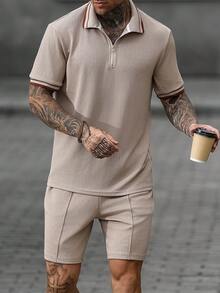 Manfinity CasualCool 男士提花針織拉鍊 Polo 衫與短褲 2 件套，巧克力棕色，夏季休閒度假老錢風羅紋領短袖套裝 - 卡其色 - 查看 6
