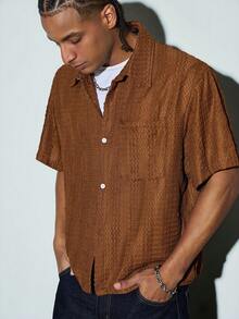 Modcrash Men's & Teenage Boys' Textured Short Sleeve Shirt, Boxy Cut Loose Casual Top, Versatile Summer Shirt - Coffee Brown - View 6