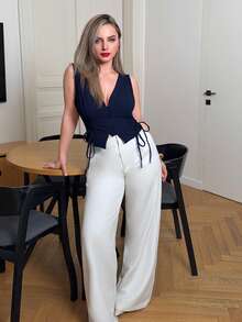 Jeta Ari Retro Vintage Clothes Crossed Frenulum Drawstring Side Crop Tank Top Casual Summer - Navy Blue - View 4