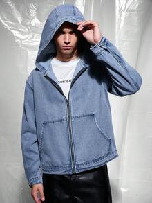 IRON GLYPH Men's Long Sleeve Casual Loose Fit Zip-Up Hooded Denim Jacket, Autumn Men Denim Hoodie Jacket Couples Boyfriend & Husband Washed Blue For Hooded Going Out Denim Hoodies Men Jackets For Men Hoodie - Light Wash - View 7