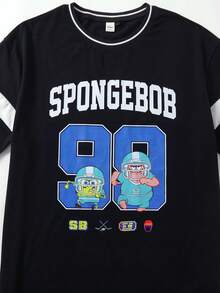 SpongeBob SquarePants | SHEIN Men's Contrast Color Letter & Cartoon Print Round Neck Short Sleeve T-Shirt - Black - View 5