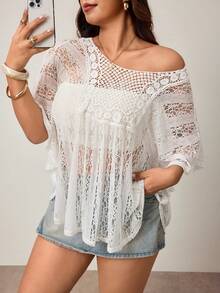Enliva Áo khoác ngoài ren xuyên thấu phong cách Bohemian cổ điển chống nắng size lớn - trắng - Xem 6