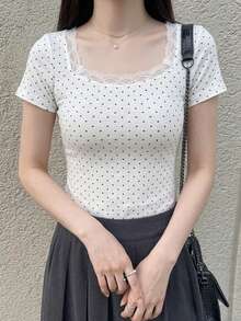 Dazy Tall 高個女性休閒優雅波點蕾絲拼接長袖T恤 白色配黑色波點 秋季可愛上衣 - 黑與白 - 查看 2