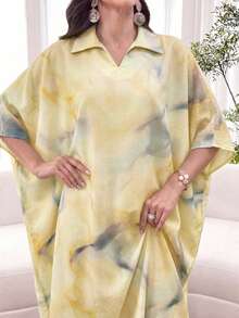 Al Najma Tie Dye Color Loose Fit Short Sleeve Polo Collar Dress, Spring/Summer - Yellow - View 6