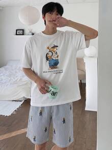 DAZY 男士夏季圖案印花T恤與條紋短褲睡衣套裝 - 彩色 - 查看 5