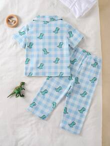 SHEIN 2pcs Set Piyama Kasual Ringan untuk Balita Laki-laki, Warna Polos Sederhana dengan Motif Huruf, Atasan Lengan Pendek dan Celana, Musim Semi/Panas - Hijau - View 2