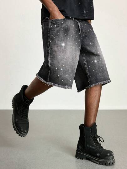 Street Life Pantalones cortos de mezclilla casuales para hombres con bolsillos y botones de strass, versátiles para uso diario