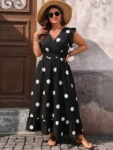 Breezaya Vestido casual de vacaciones de uso diario con volantes y estampado floral pequeño para tallas grandes - Negro - Ver 5