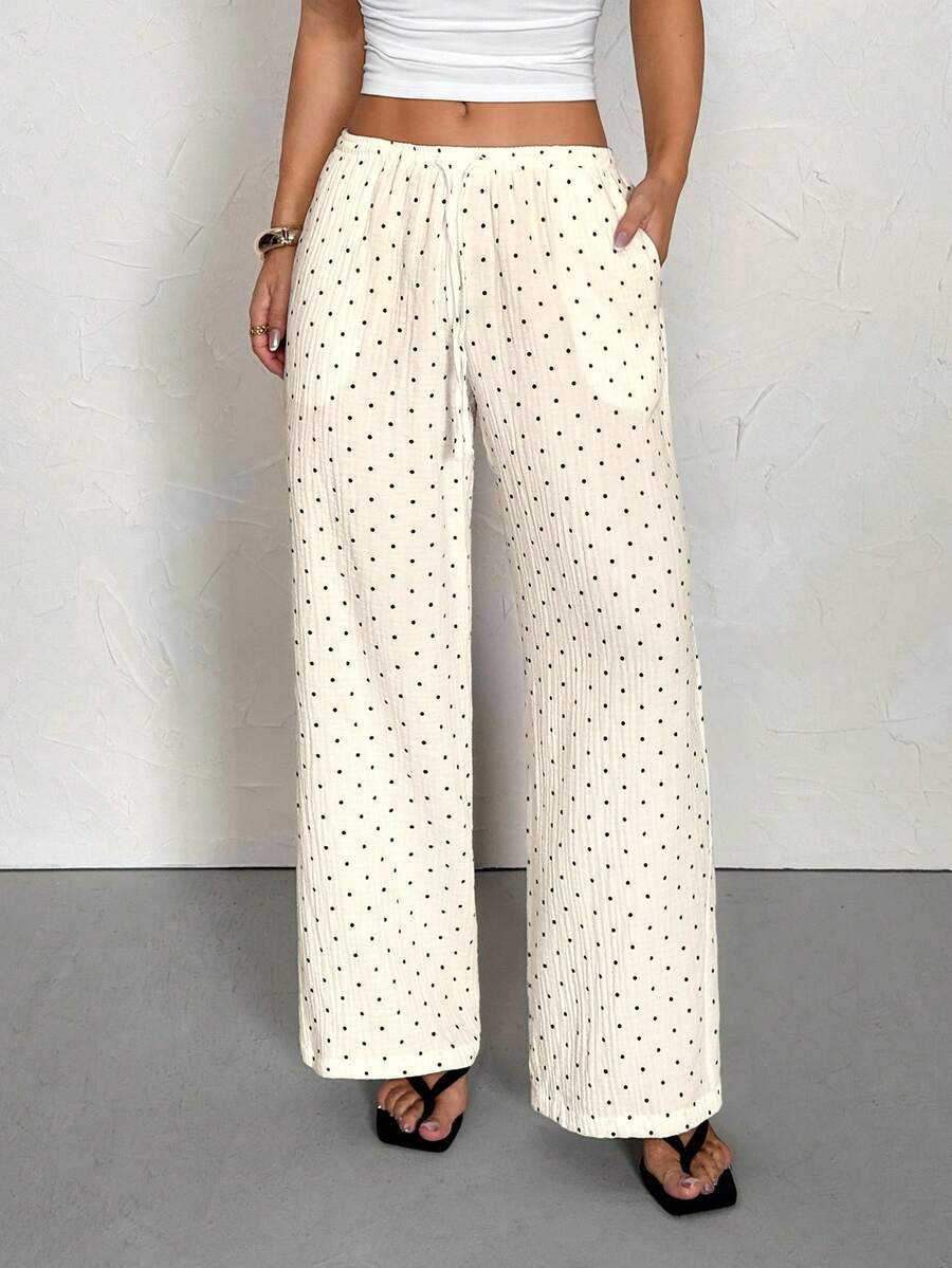 SHEIN PETITE Quần ống rộng chấm bi dệt kim thắt eo dành cho nữ, quần cotton trắng chấm bi, quần cotton mùa hè, quần hè cho nữ, bộ đồ đi nghỉ mát cho nữ, 100% quần áo cotton cho nữ, bộ đồ ngủ cho nữ, quần chấm bi mùa hè cho nữ. - trắng - Xem 1