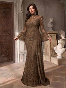 Aureia Plus Size Elegant Luxurious Romantic Brown Collar Flared Sleeve Ruched Mermaid Hem Patchwork Trailing Formal Dress, Suitable For Evening Party, Singles Party, Date, Ball, Vacation, Wedding - Coffee Brown - View 6