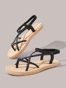 Styleloop Sandal Datar Wanita Anyaman dengan Gesper, Hitam, Sol Mirip Tali, Desain Cincin Jari Kaki, Desain Tali Romawi, Suasana Liburan, Pakaian Musim Panas, Perlengkapan Perjalanan - Hitam - View 5