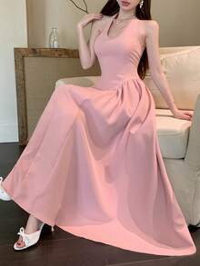 Joudiya Elegant Romantic Sleeveless Backless Midi Dress, Suitable For Spring/Summer, Parties Day Party Vacation, Weddings, Commuting Dusty Pink Sundress - Pink - View 10