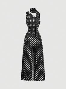 SHEIN MOD 女士时尚优雅波点印花连体裤 - 黑色 - 查看 3
