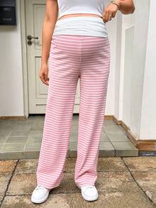 SHEIN Maternity Casual Commuter Striped Pants Summer Outfits  Casual Baby Shower Outfits - Pink - View 4