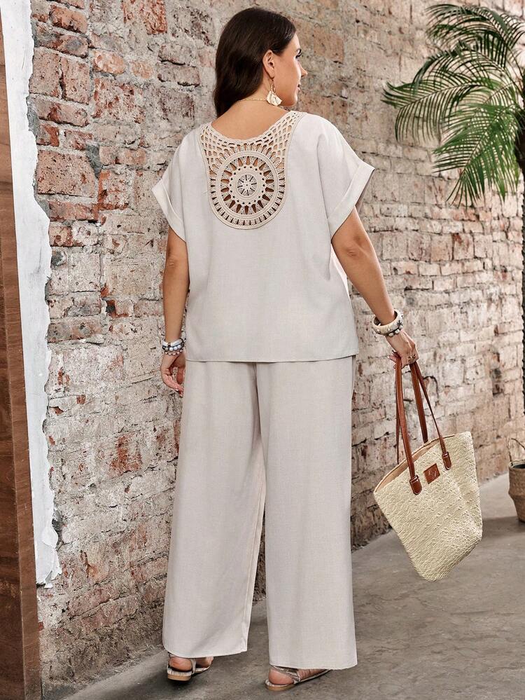 Plus Size Women Casual Solid Color Top & Pants 2 Pieces Set