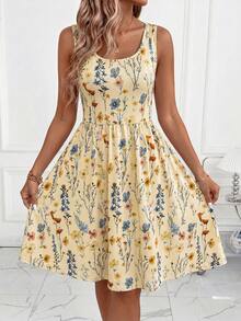 SHEIN Clasi Vestido de flores con cuello en U y cintura ceñida, elegante y nuevo, adecuado para uso diario y vacaciones - Amarillo - Ver 4