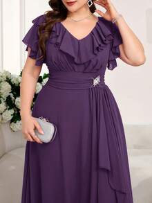 SHEIN Clasi Plus Size Women's Solid Color Ruffle V-Neck Elegant Dress - Purple - View 5