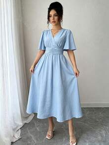 SHEIN Elenzya Women's Solid Color Cotton-Feel Overlap V-Neck Ruffle Short Sleeve Elegant Midi Dress - Baby Blue - View 4