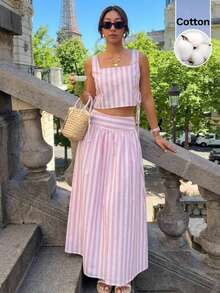 SHEIN Frenchy Women's Striped Square Neck Tank Top And Mini Skirt Casual 2 Pieces Set - Pink - View 11