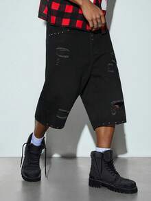 Modcrash Men's Casual Fashion Studded Denim Shorts - Black - View 2