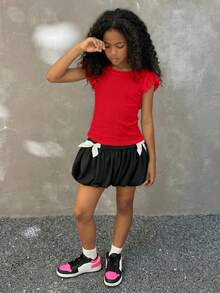 Coolane Kids Camiseta blanca sólida con volantes para niñas preadolescentes, ropa de calle de verano para vacaciones - Rojo - Ver 3