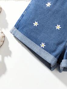 SHEIN Jeans stile Y2K per ragazze pre-adolescenti, denim slavato vintage, tasche con ricamo a fiocco rosa, pantaloncini di jeans a gamba dritta morbidi e comodi, abbigliamento casual di strada - Blu lavato medio - Visualizzare 4